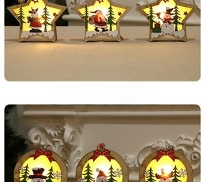 Detail of laser-cut wooden Christmas pendant with warm LED lights and reindeer patterns