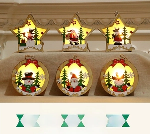 Detailed view of six lighted wooden Christmas ornaments featuring stars and round shapes