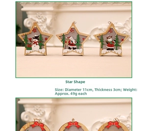 Detail of wooden star Christmas pendants showing snowman, Santa, and elk 11cm ornaments
