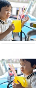 Flexible food-grade silicone straws in vibrant colors shown with child using them outdoors