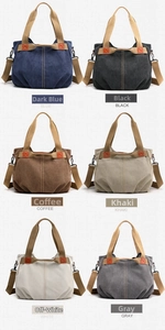 Collage of canvas tote bags in six colors including blue, black, coffee and khaki