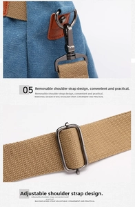 Detail of adjustable and removable shoulder strap with metal buckles on canvas bag