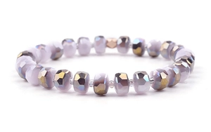 Detail of faceted amethyst beads and AB coating crystal bracelet with golden hexagon spacer