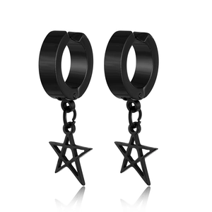 Macro shot of black titanium steel huggie earrings featuring star shaped pendants