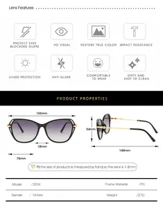Tableau des tailles détaillé pour lunettes de soleil géométriques unisexe en PC
