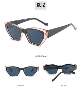 Three-way view of trendy cat-eye sunglasses with dual-tone black and pink frames