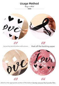 Step-by-step guide showing how to apply black Love heart stickers to clear party balloons