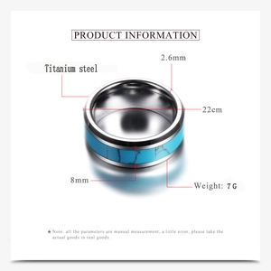 Technical specs of 8mm stainless steel ring with turquoise inlay detailing material and size