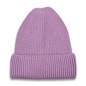Detailed texture of mauve ribbed knit beanie with stylish folded cuff design