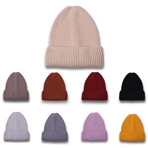 Vertical ribbed knit beanies in multiple colors including beige, burgundy, and grey