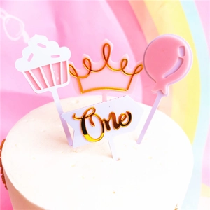 Acrylic birthday cake topper set including crown, balloon, and one sign for baby party.