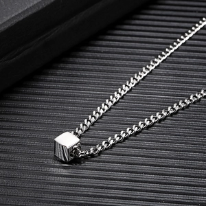 Hip-hop style silver titanium steel necklace with a polished square cube pendant for men