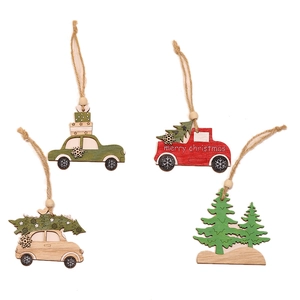 Rustic wooden Christmas car ornaments with engraved trees and natural jute ropes