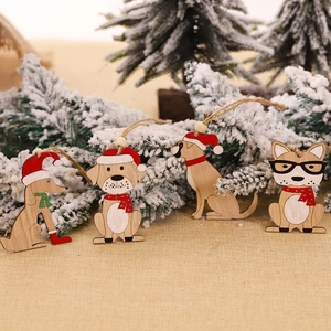 Set of 4 cute wooden dog Christmas tree ornaments with festive red and green hand-painted details