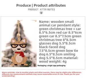 Detail view of rustic wooden dog Christmas ornament showing specs and dimensions