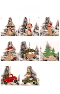Detailed grid view of laser-cut wooden Christmas ornaments with festive dog and car designs