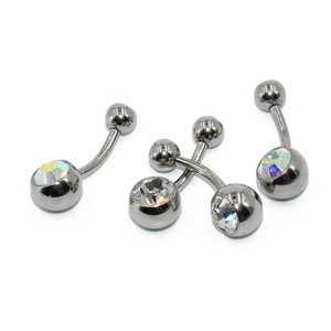 Titanium belly button rings with sparkling iridescent crystals on a white background