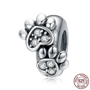 Polished S925 sterling silver paw print charm with clear cubic zirconia for DIY bracelets
