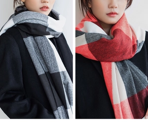 Detailed comparison of black-white and red-grey plaid thick cashmere scarves on models