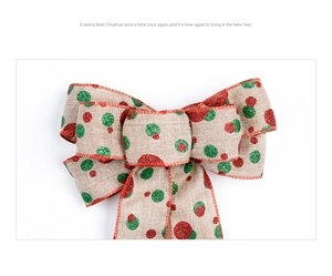 Dettaglio fiocco natalizio in lino da 20cm con pois glitterati rossi e verdi