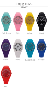 Matrix display of colorful Geneva silicone quartz watches in nine vibrant fashion colors