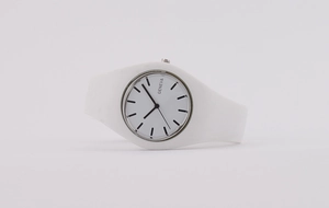 Detailed view of Geneva white silicone strap watch with minimalist round dial and black markers