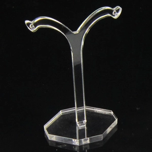 Detailed view of clear acrylic Y-shaped earring stand with a stable hexagonal base