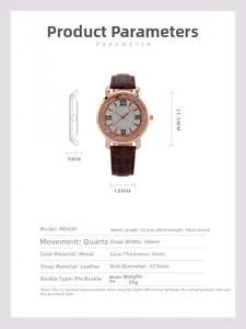 Detailed size chart for women quartz watch with crystal case and crocodile leather strap