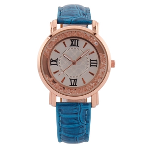 Elegant ladies quartz watch with blue leather strap and rose gold Roman numeral dial