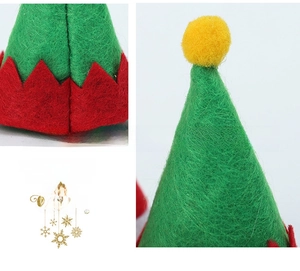 Detail of red and green mini elf hats with yellow pom-poms for cutlery and wine bottles