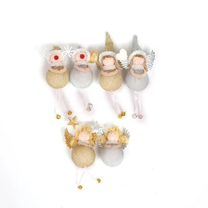 Detailed view of six Christmas angel ornaments with glitter spheres and plush wings