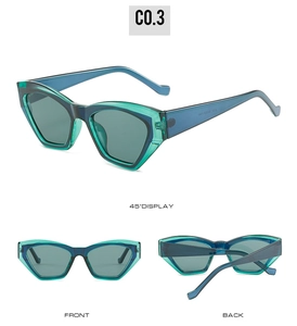 Detail view of teal geometric cat-eye sunglasses with gradient transparent resin frame