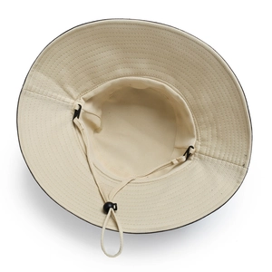 Women's beige wide brim sun hat with adjustable windproof rope and durable canvas fabric