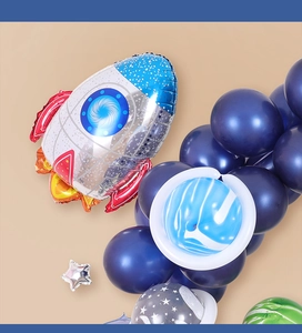 Detailed view of rocket foil balloon with stars and planetary balloons for space parties