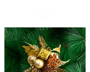 Macro detail of Christmas picks with golden gift box, glitter balls and pine needles