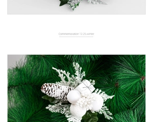 Detail of Christmas spruce pick with natural pine cone white berries and snow effect