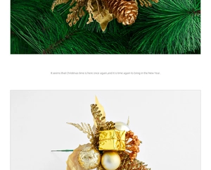 Detail of Christmas picks with pine cones, golden leaf spray and mini gift boxes