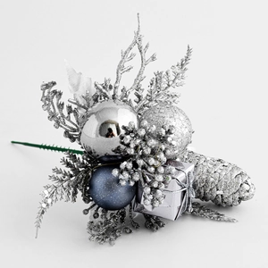 Silver and blue Christmas ball picks with pine cones and glitter branches for holiday decor