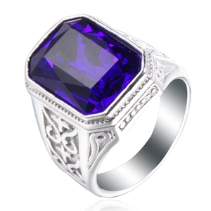Men's silver stainless steel ring with a rectangular purple gemstone and retro engraving