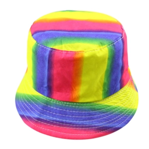 Detail of vibrant rainbow striped bucket hat showing colorful gradient fabric and stitched brim