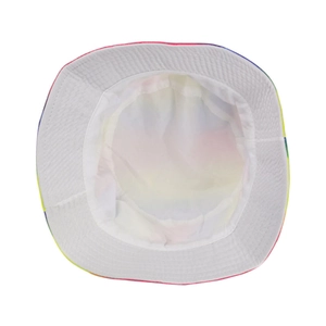 Top view of a reversible bucket hat showing colorful rainbow print and white cotton interior
