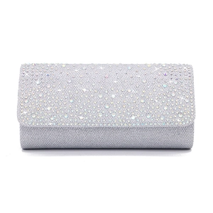 Sparkling silver rhinestone evening clutch bag with sequined fabric for formal parties