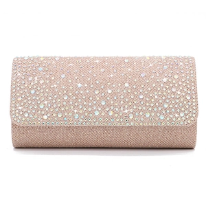 Champagne gold evening clutch bag with crystal rhinestones and rectangular flap cover
