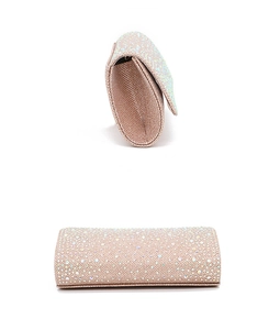 Detailed view of rose gold rhinestone evening bag with elegant metal mesh and crystals