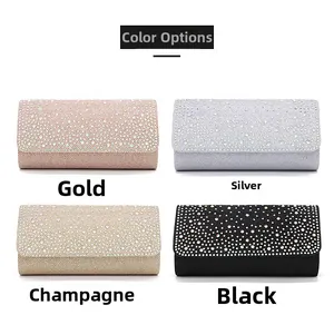 Detailed color options of sparkling rhinestone evening clutch bags in four metallic shades