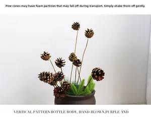 Detailed view of natural pine cones and handcrafted ceramic vase for zen home decor