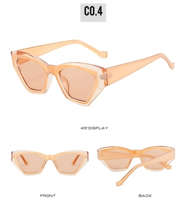 Three-angle view of cat-eye sunglasses in peach acetate with front side and back displays