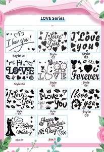 Detail of 11 assorted LOVE themed balloon stickers for wedding and party decorations