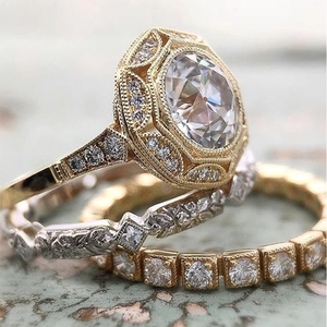 Vintage Geometric Hexagon Halo Rings Copper Cubic Zirconia Stackable Wedding Jewelry For Women Gold Color