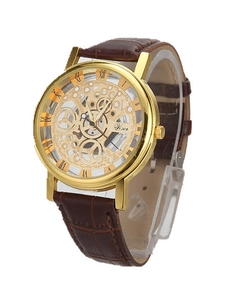 Detailed close-up of hollow dial quartz watch with gold case and brown leather strap